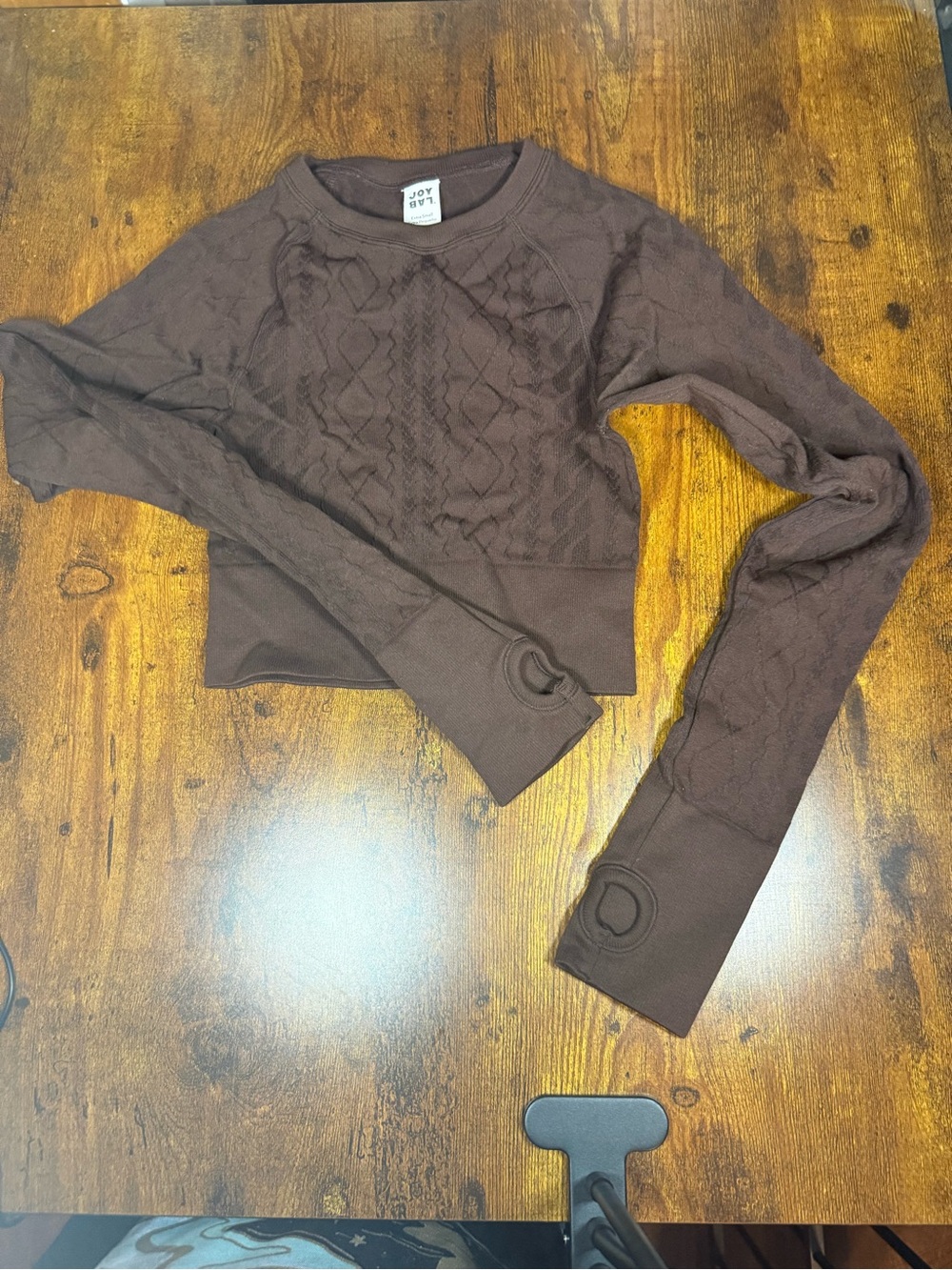 JoyLab Seamless Textured Crop Top Thumbhole Long Sleeve Brown XS Athleisure